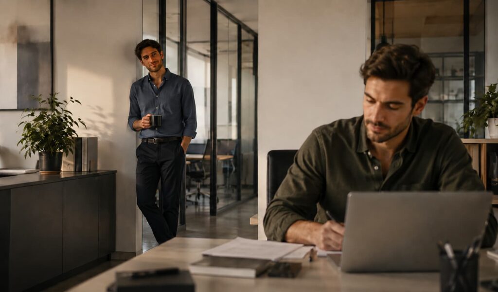 Sur un lieu de travail, un homme regarde de loin un autre homme entrain de travailler.