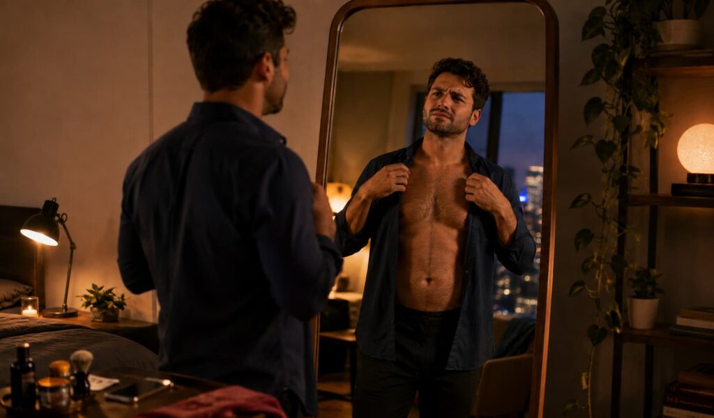 Homme au regard perplexe face à son miroir, observant son reflet avant un rendez-vous dans une chambre à l’ambiance chaleureuse.