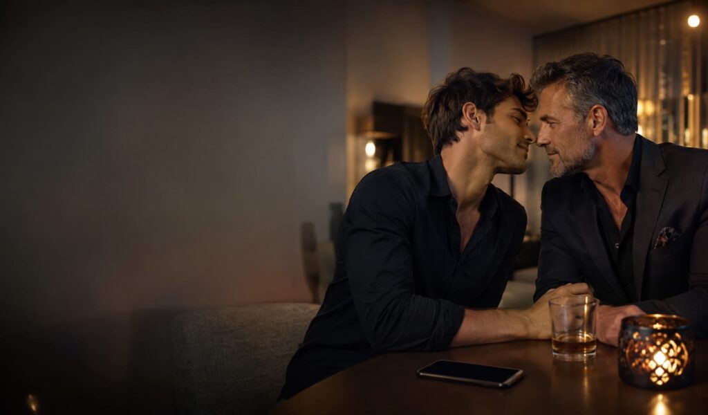 Assis à une table, deux hommes sont sur le point de s'embrasser.