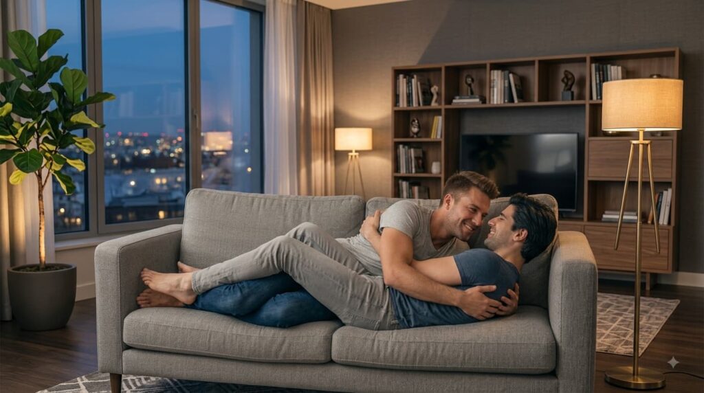 GayUp-Deux hommes enlacés allongés sur un canapé Deux hommes enlacés allongés sur un canapé